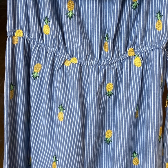 Blue and white striped jumpsuit, embroidered with pineapples and fabric belt - Picture 3 of 10